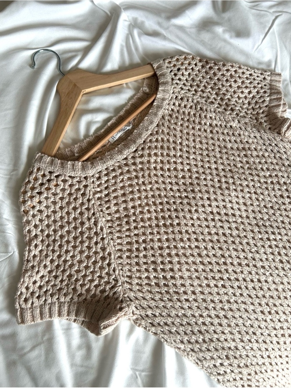 Revolution Open Knit Short Sleeve Sweater Beige Crochet Loose Top XS/S